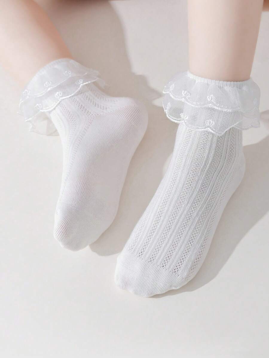 1 Pair Girls Lace Hollow Out Breathable Ruffle Socks, Suitable For Infant Girls And Baby Dress Up