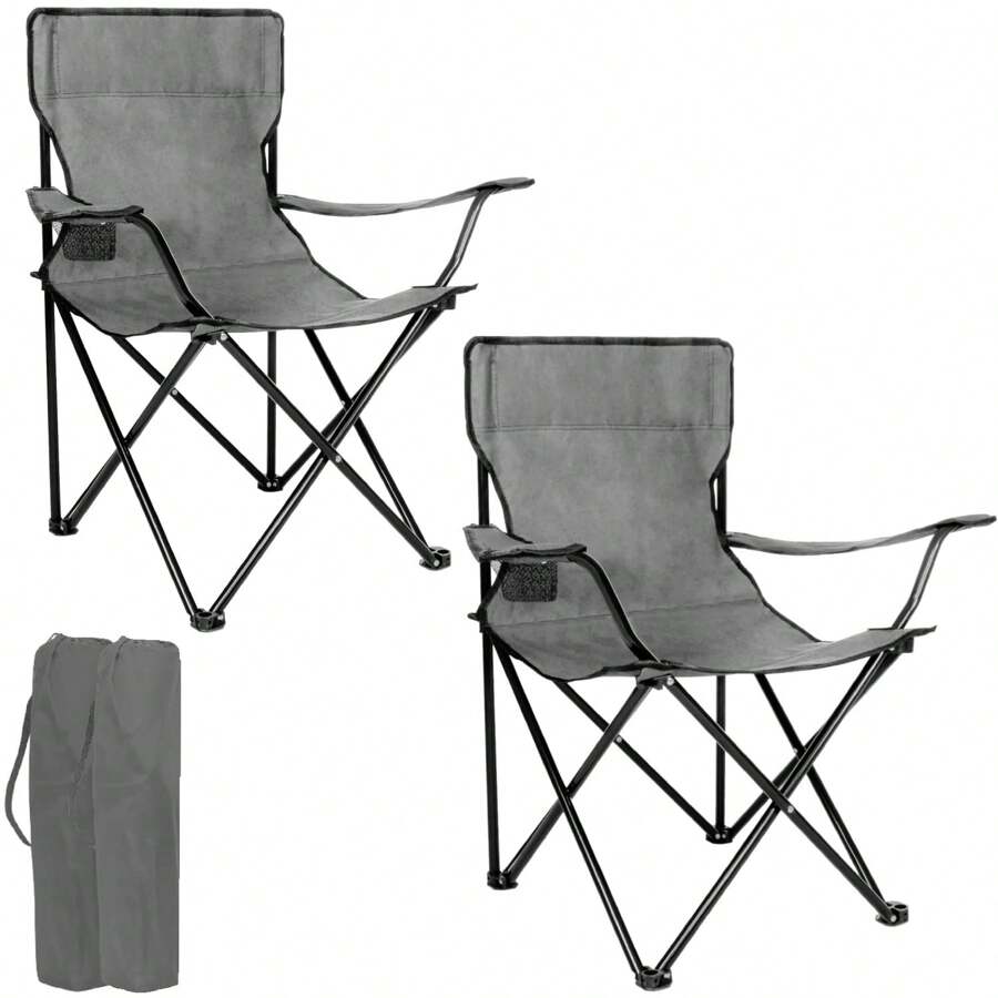 Set de 2 Sillas Plegable para Camping, Pesca, Playa y Actividades al Aire Libre – Silla Resistente con Reposabrazos, Portavasos y Bolsa Lateral de Malla – Estructura de Acero Duradera con Base Antideslizante y Resistente al Desgaste – Tejido Oxford 600D Impermeable y Transpirable – Capacidad de Carga hasta 110 kg – Ligera, Portátil y Fácil de Transportar con Bolsa de Transporte Incluida