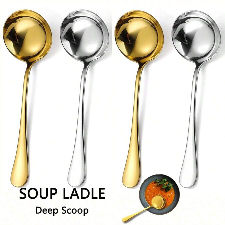3pcs/Pack High Quality Stainless Steel Thick Long Handled Soup Spoons, Ramen Soup Ladles, Deep Drink Soup Spoons, Large Cooking Spoons, Suitable For Ramen/Soup/Hot Pot/Stirring, Etc. (Silver/Gold, 7.87 Inches)