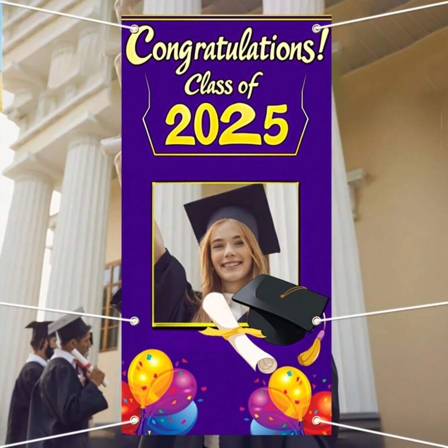HEGO 2025 Creative Graduation Ceremony Flag: 89.99 X 179.98 Cm Polyester Material, Suitable For Indoor And Outdoor. With Hollow Cap Design, Easy To Hang, Adds Vitality To Parties And Celebrations. Multipurpose Decor, Applicable To Entrances, Rooms, Garden Gates, No Electricity Needed, Easily Creates A Celebratory Atmosphere.