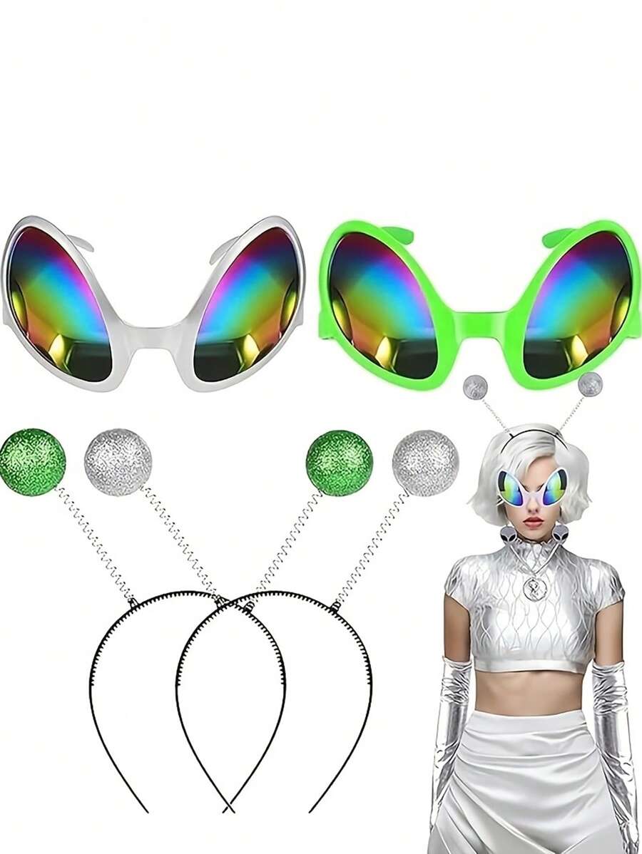 2 buc bandă de susținere și ochelari extratereștri, ochelari de soare curcubeu extratereștri, bandă de susținere cu antenă Popper, recuzită pentru costume de petrecere pentru cosplay, potrivită pentru bărbați și femei Halloween