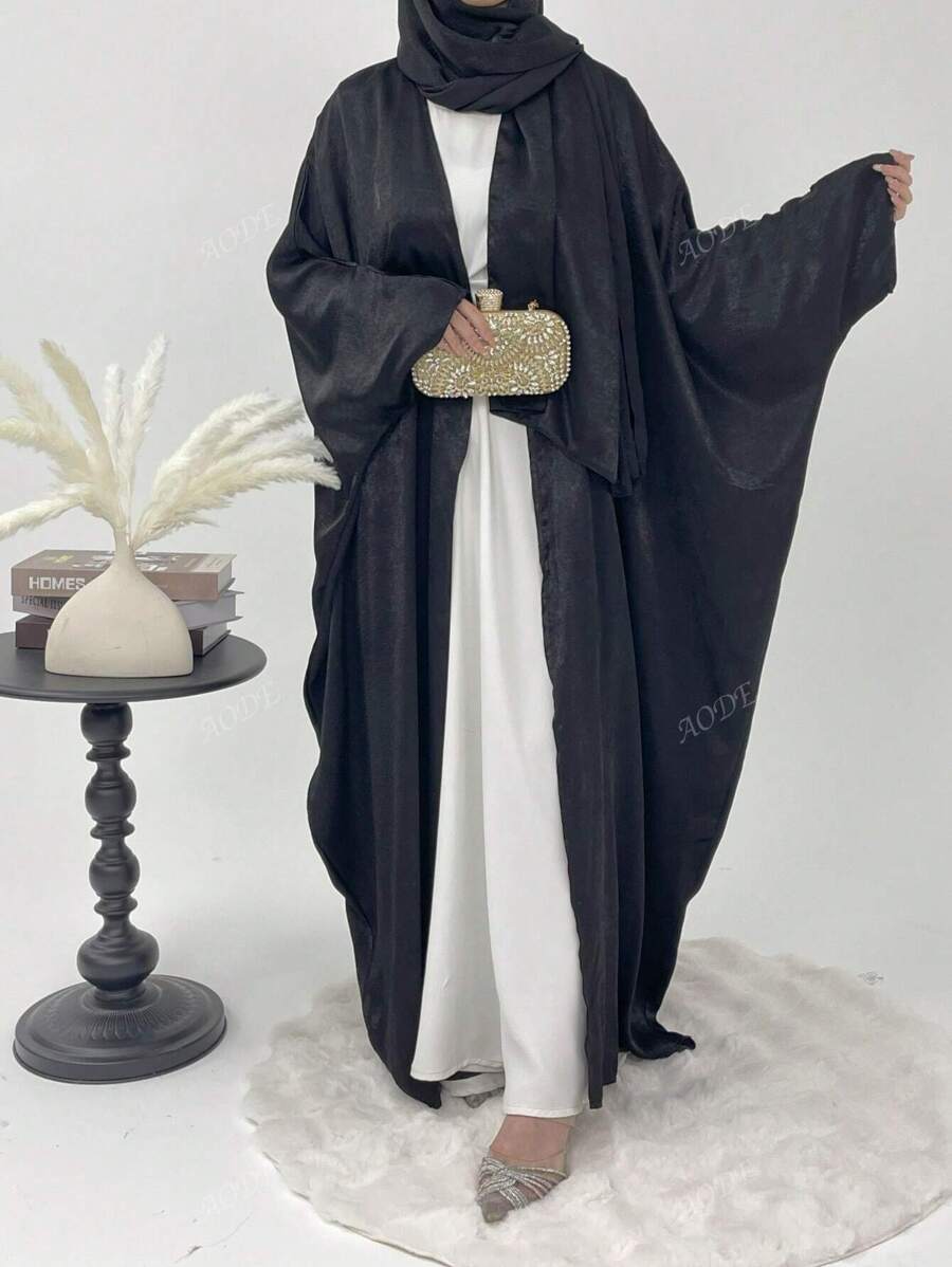 2 piezas Cárdigan informal de mujer de manga tipo murciélago, ropa de estar en casa con pañuelo para la cabeza, vestido árabe tradicional tipo abaya