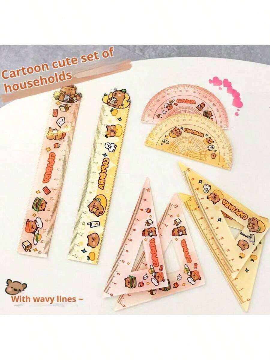 Set de 4 piezas: regla acrílica, regla de cartón, juego de herramientas de medición con dibujos animados para estudiantes, regla triangular, dispositivo de medición de ángulos, lindo, de regreso a la escuela