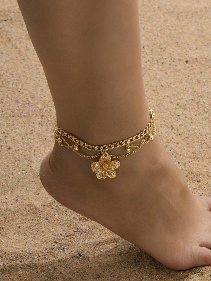1 pieza Tobillera con colgante de flor dorada multicapa de estilo de vacaciones con línea y flecos para mujeres (sin caja de regalo)