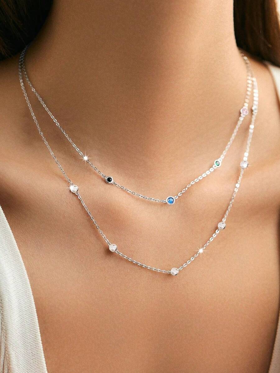 Colar personalizado de prata 925 com zircônia cúbica colorida de dupla camada e estrelado, adequado para uso diário feminino, data, presente