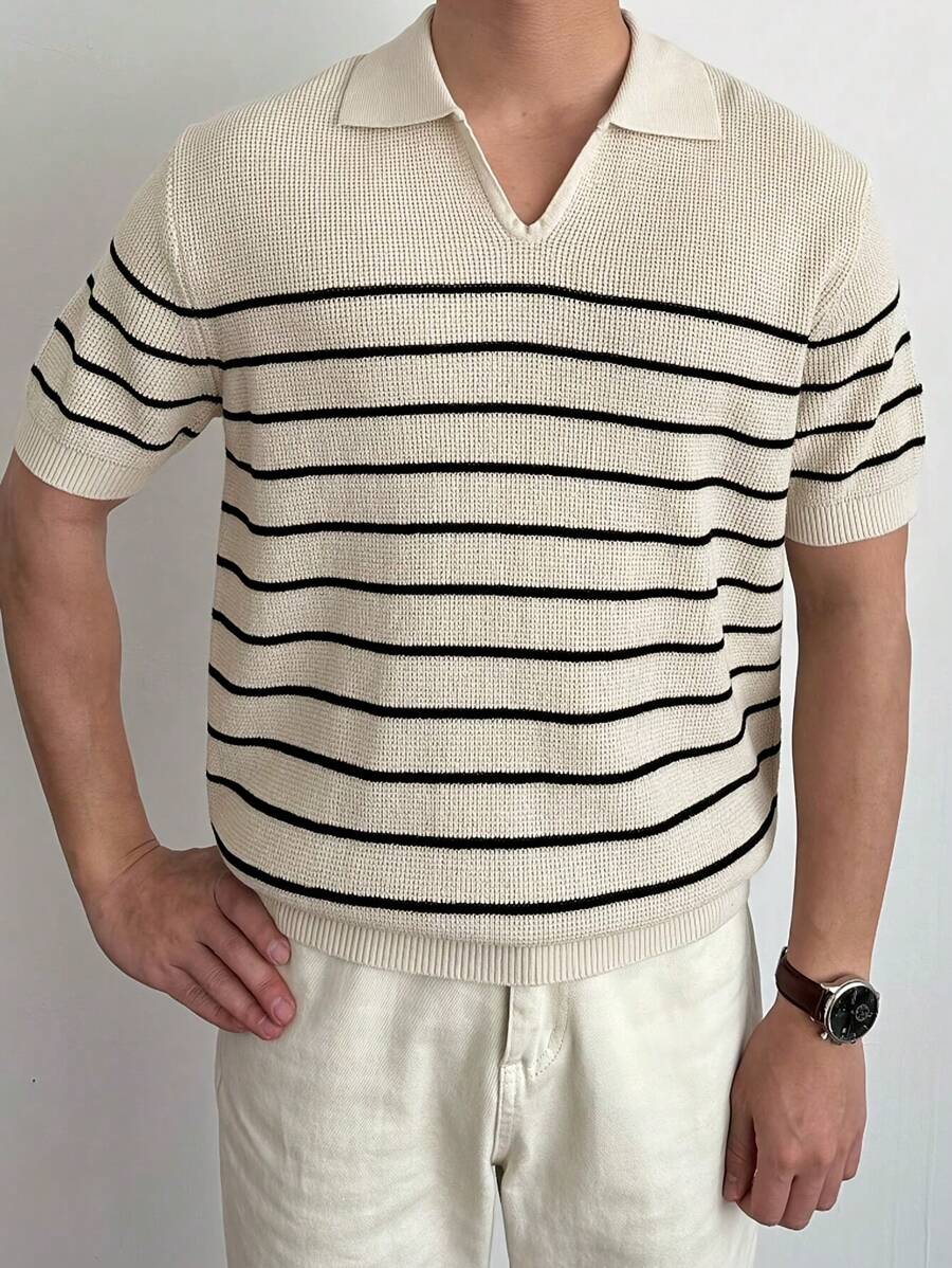 Polo a maniche corte in maglia unisex - Disegno a righe, moda casual estiva con tessuto in maglia morbido. Vestibilità classica per uso quotidiano - Polo in maglia per uomo per uno stile raffinato, top a righe a maniche corte per indossare in comodità