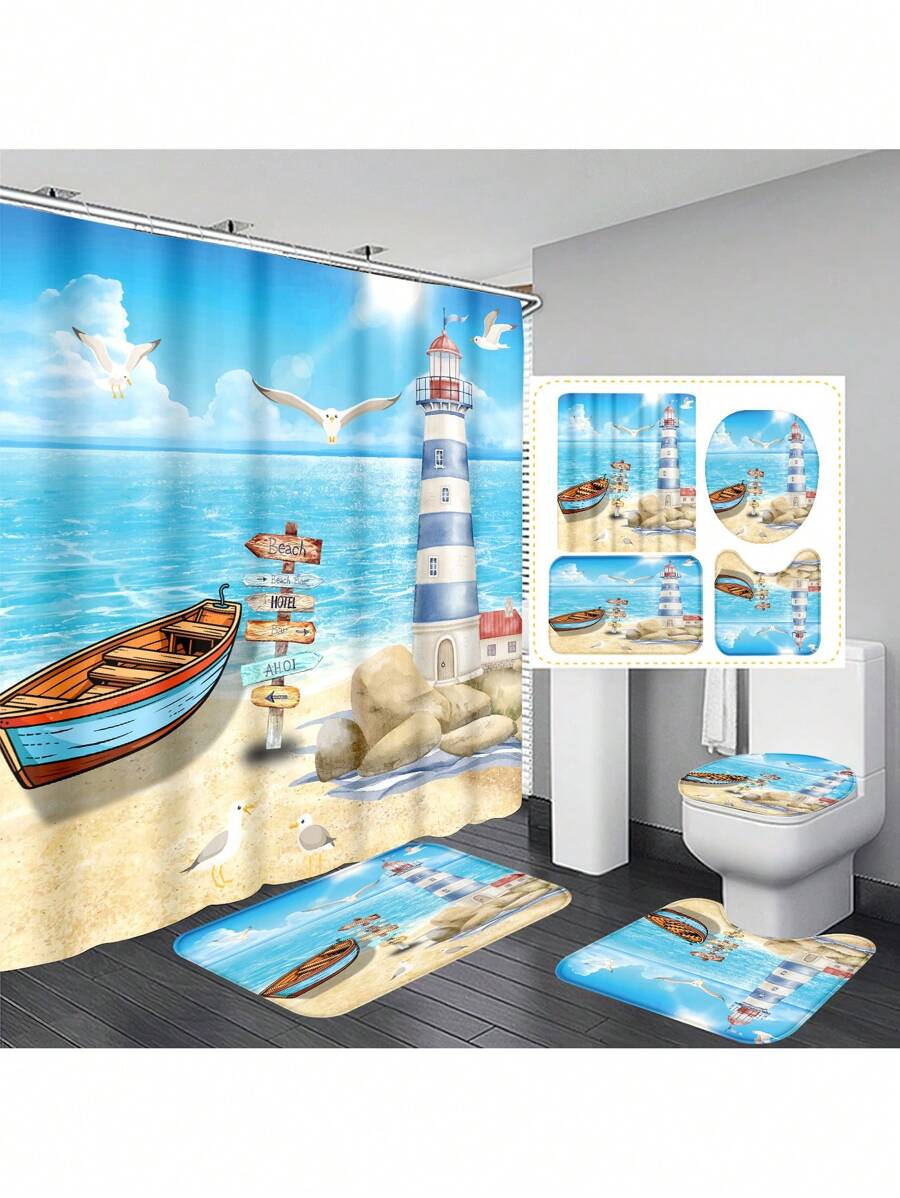 1 pièce/4 pièces Rideau de douche décoratif multifonction imperméable représentant un paysage marin avec phare, mouettes et bateau, avec 12 crochets, tapis de bain antidérapant, abattant de toilette en U, ensemble de salle de bain pour toutes les occasions, rentrée scolaire