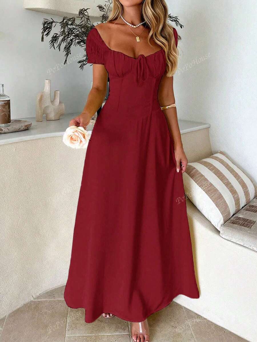 PoPoHouse Women's Solid-Color Bohemian Vacation-Style Dress With A Low-Cut Off-The-Shoulder Neckline And Back Tie Detailing.