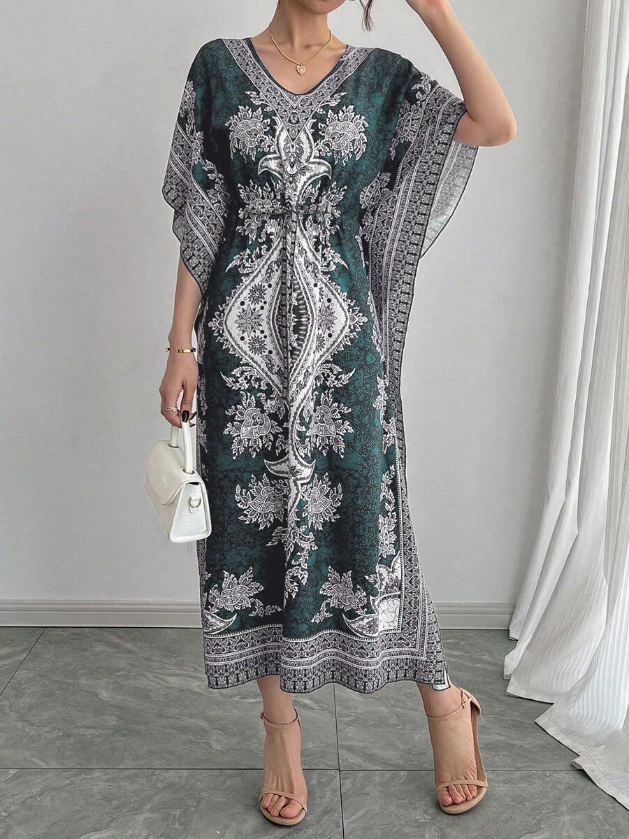 Middle Eastern Style Loose V-Neck Breathable High-End Quality Casual Reversible Elastic Waist Slimming Vacation Short Sleeve Dress, Plus Size Abaya Robe Caftan Arabian Traditional Festival Party Formal Gown