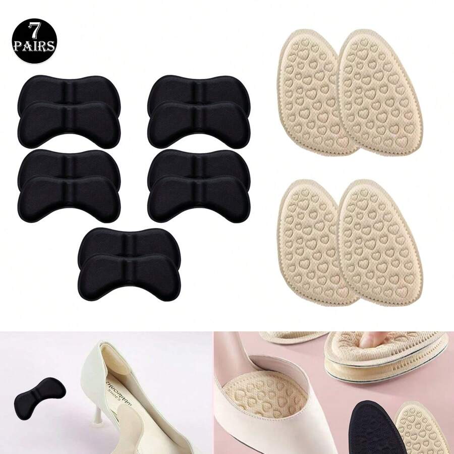 7pcs/Pack: 2pcs Ball Of Foot Pads, 5pcs Heel Grips - Foam Non-Slip Anti-Rub Cushions For High Heels & Sports Shoes, Breathable, Sweat-Absorbing, Half-Size Inserts To Make Shoes Smaller