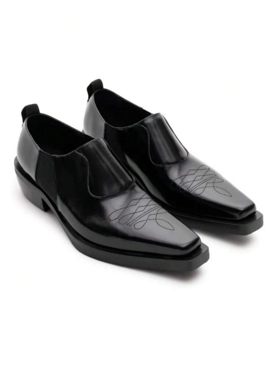 Men's Business Formal Embroidery Slip-On Square Toe Casual Leather Loafers, Elastic Band, Thick Square Heel, Fashion