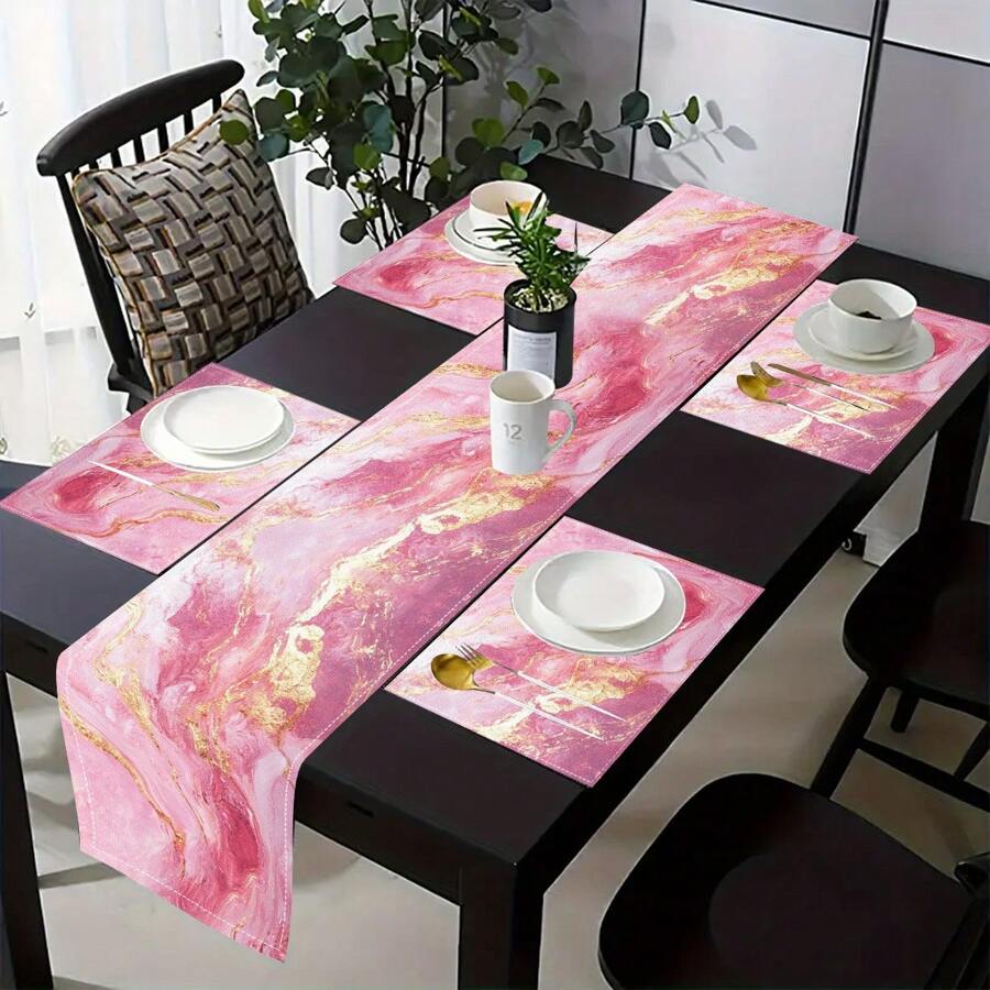1pc/5pcs/7pcs, Home Decor, Elegant Pink Marble Print Table Runners - Polyester, Rectangular, Suitable For Home & Kitchen Decor, Perfect For Party & Holiday, Marble Print, Table Runners