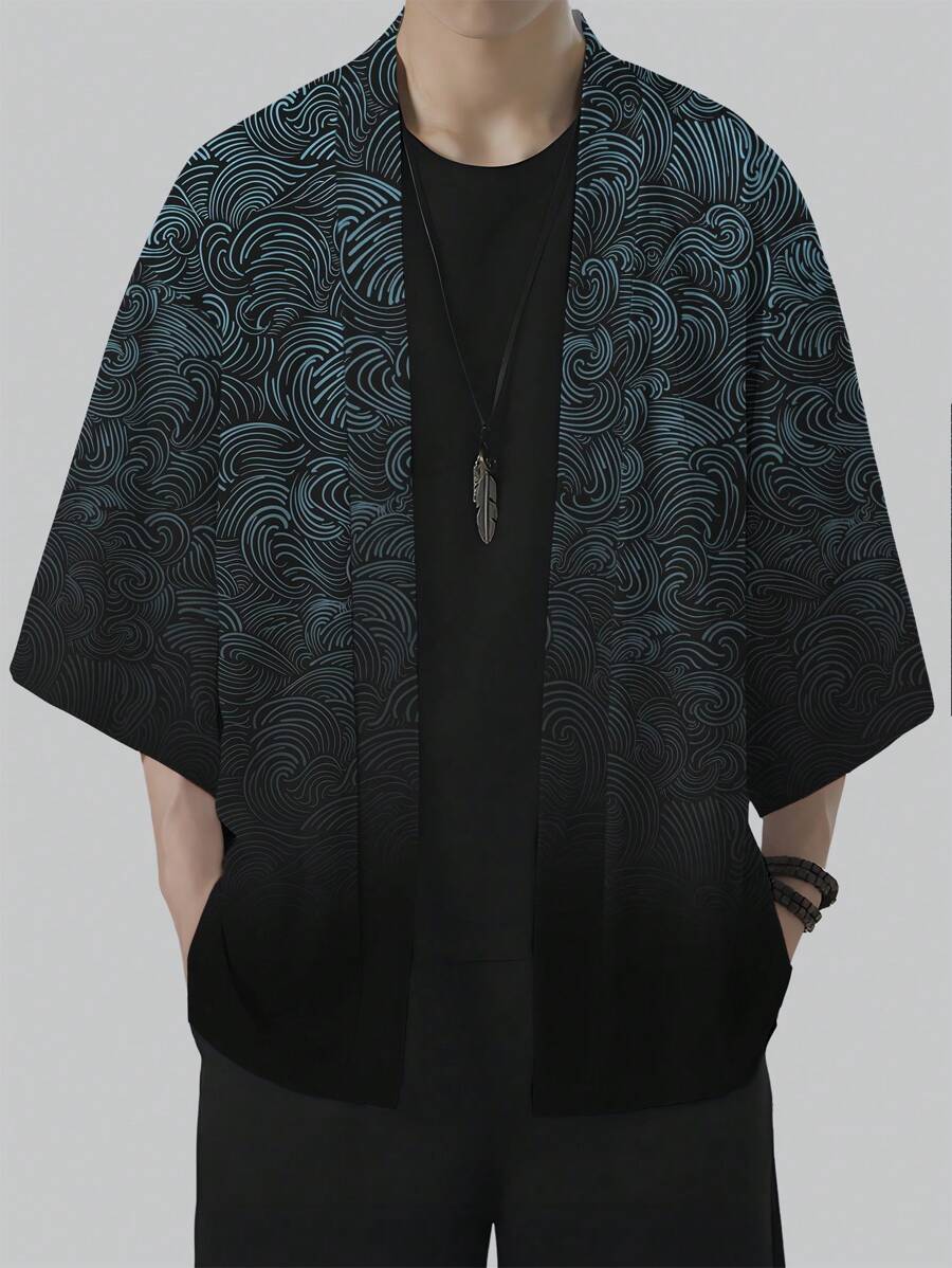 Men's Olive Green Floral Retro Pattern Kimono Style Clothing, Beach Casual Shirt