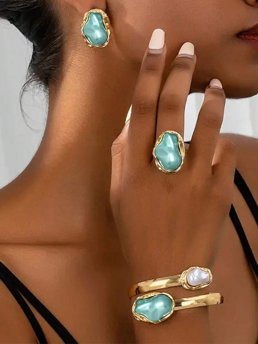 4pcs/Set Luxury Faux Pearl Fashion Jewelry Set: Bracelet, Ring, Earrings For Women, Suitable For Wedding,Party,Mother's Day Gifts