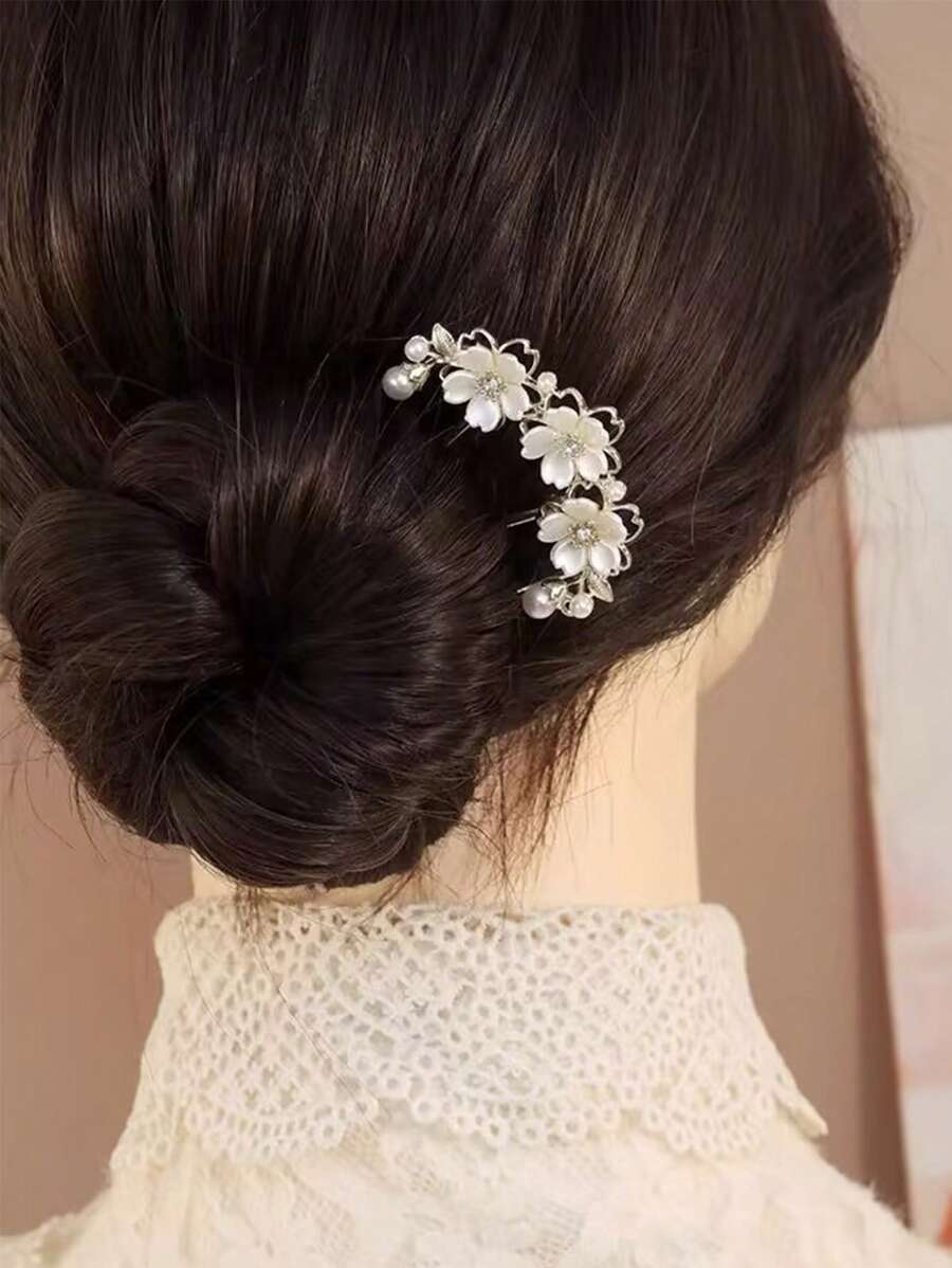 1pc Elegant Vintage Alloy Hair Clip - Floral Hair Comb Decor With Pearl & Rhinestone, U-Shaped Hair Bun Holder, Suitable For Birthday & Special Occasions Combs For Hair Side Comb