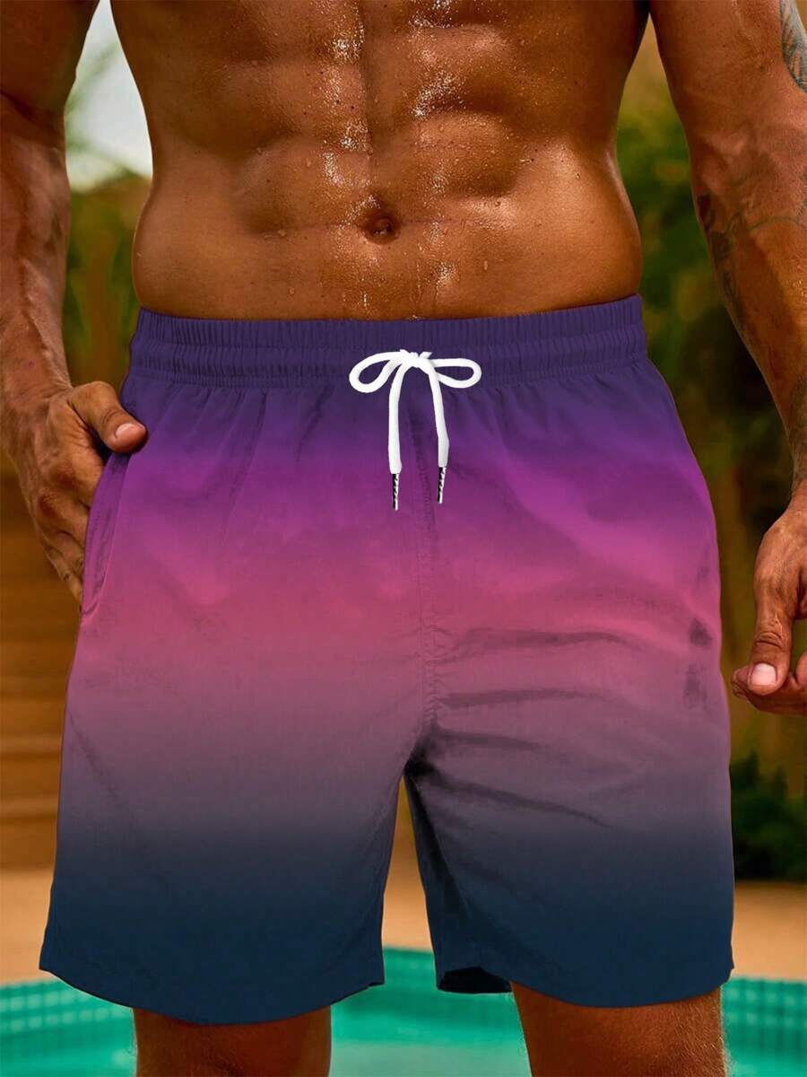 1pc Plus Size Men Gradient Color Swimming Trunks, Beach Shorts, Casual Sports Shorts, Summer Beach Shorts