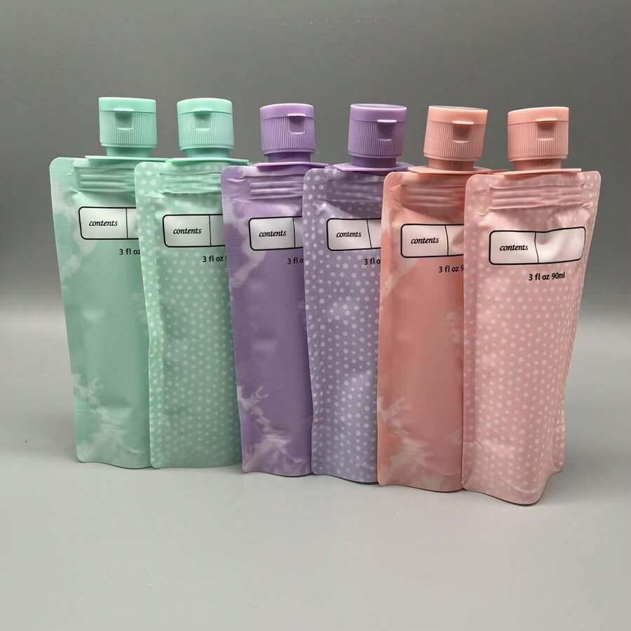 6 confezioni da 90ml di dispenser da viaggio in plastica per articoli da toeletta - contenitori liquidi in piedi a prova di perdite per shampoo, balsamo, lozione, bagnoschiuma | Plastica, inodore, senza lattice, per il ritorno a scuola