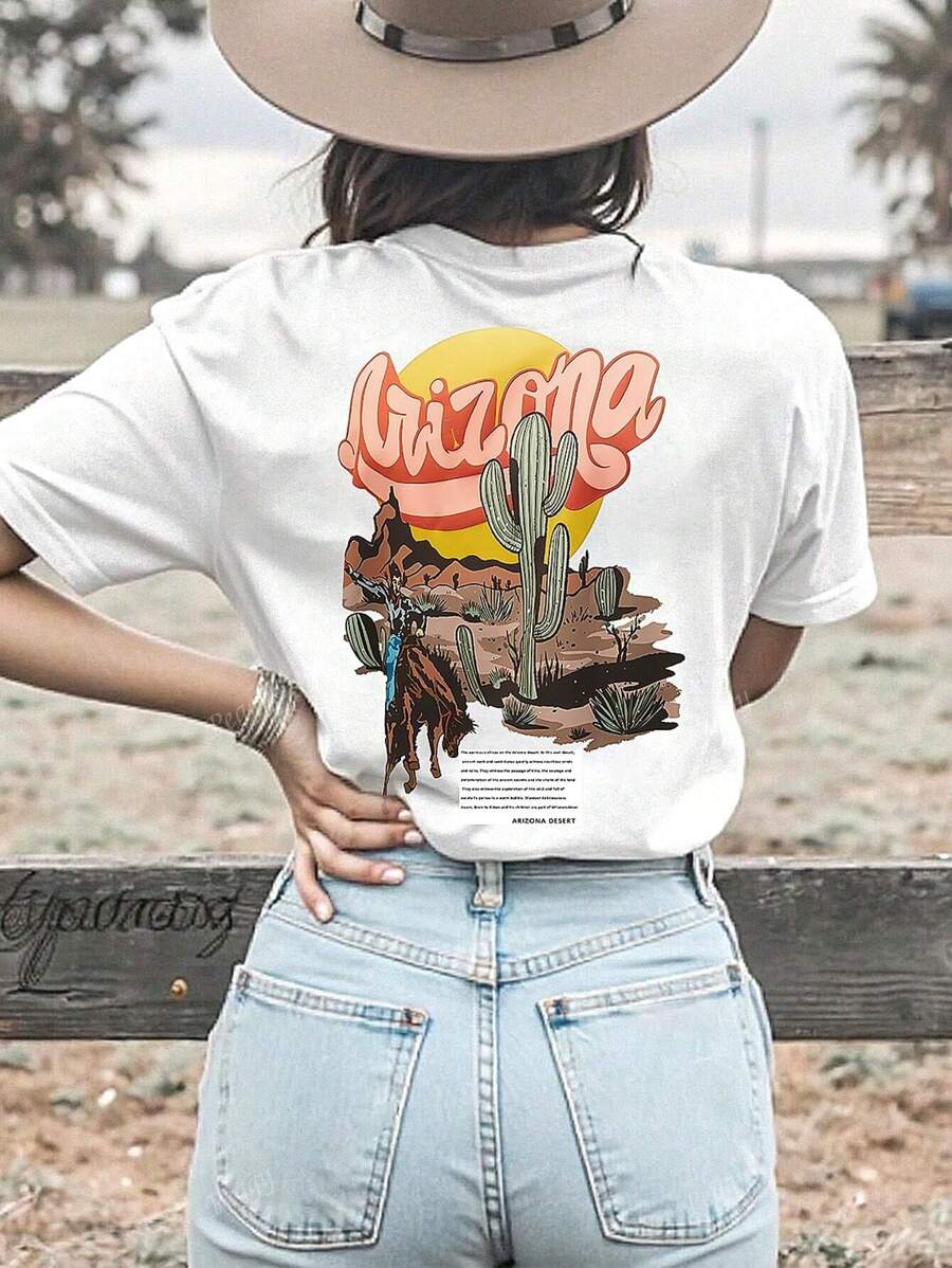 Western Vintage Desert Cactus, Shepherd & Letter Print Women Casual Short Sleeve Blouse