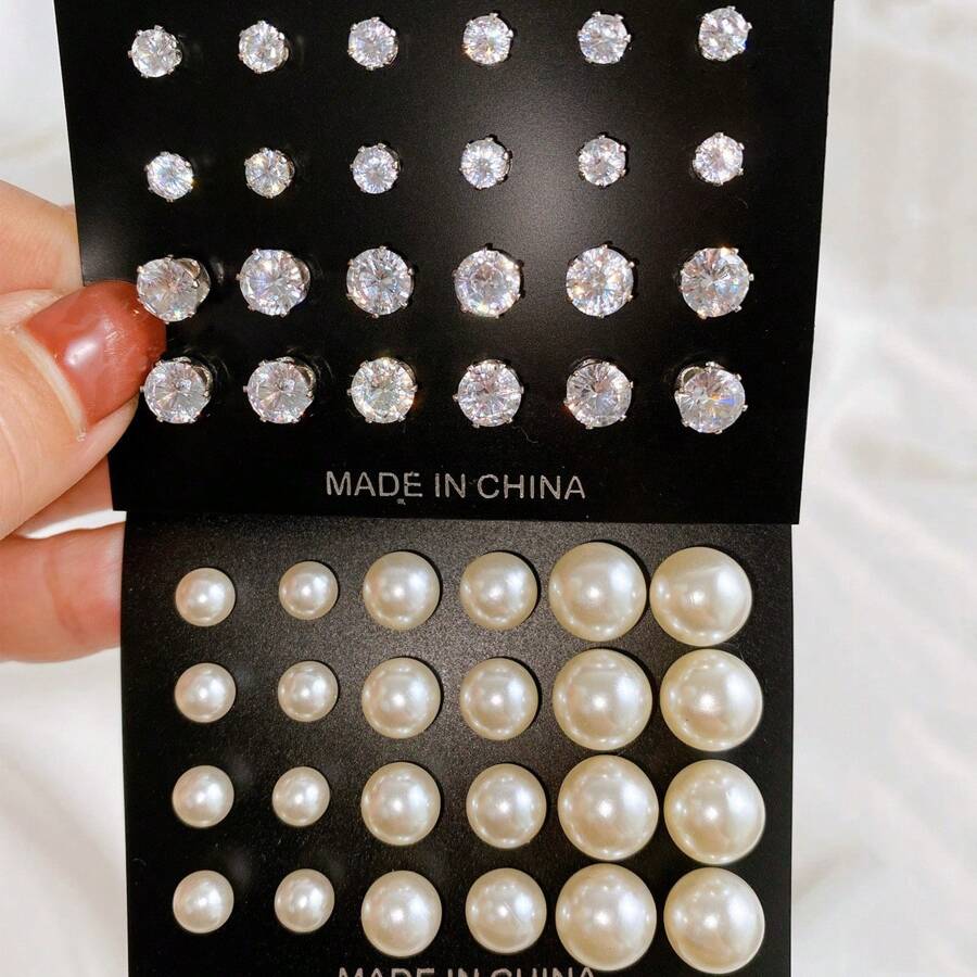 48 Stücke Zirkonia & Kunstperlen Ohrstecker Set, Urlaub, Party, Date, Tägliches Tragen Geschenk
