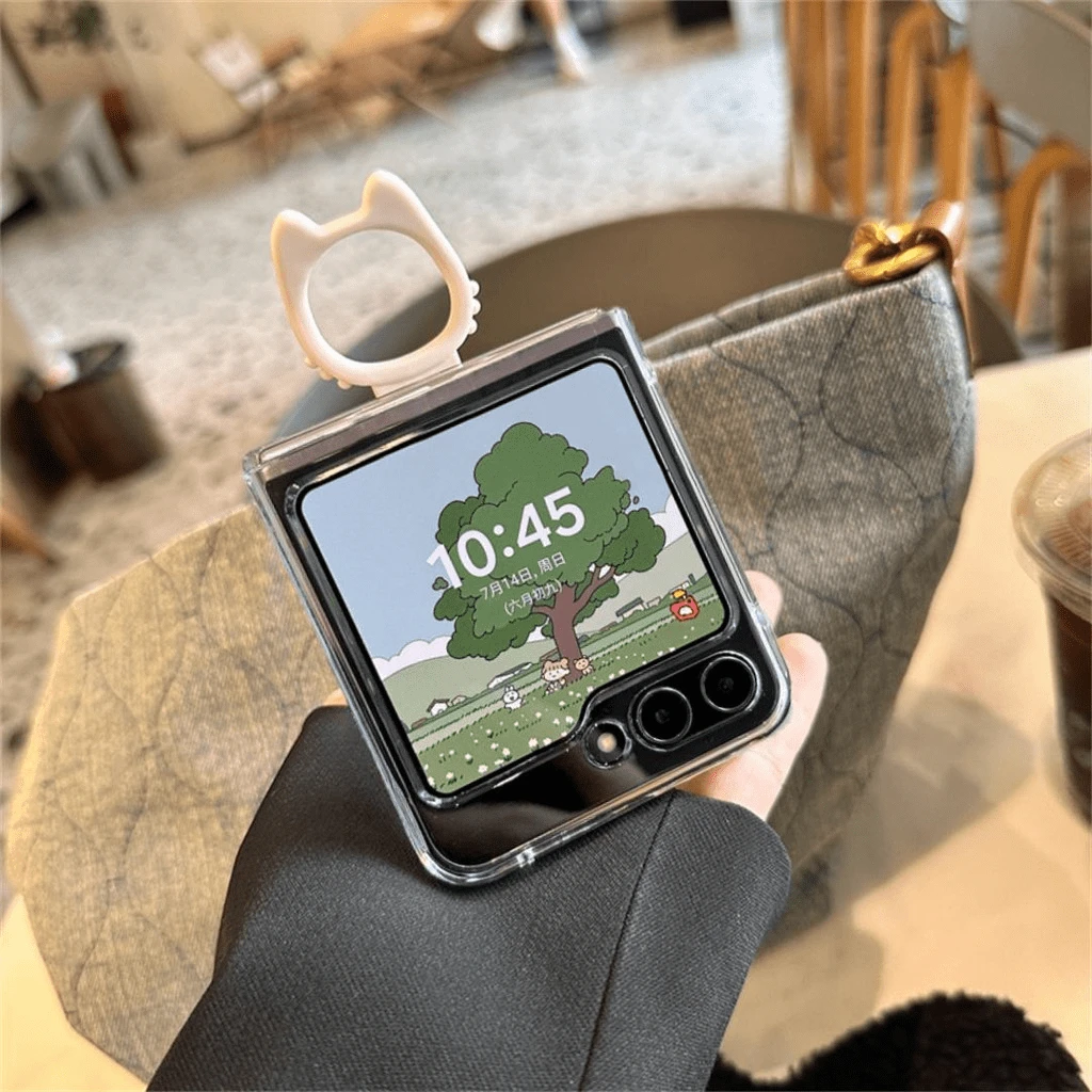 Funda de teléfono portátil y transparente con aro de gato compatible con Samsung Galaxy Z Flip 5, 6, Z Flip6, ZFlip5, Zflip6, Zflip5, Flip4, Flip3 - Carcasa trasera resistente a golpes, funda de teléfono con aro de gato compatible con