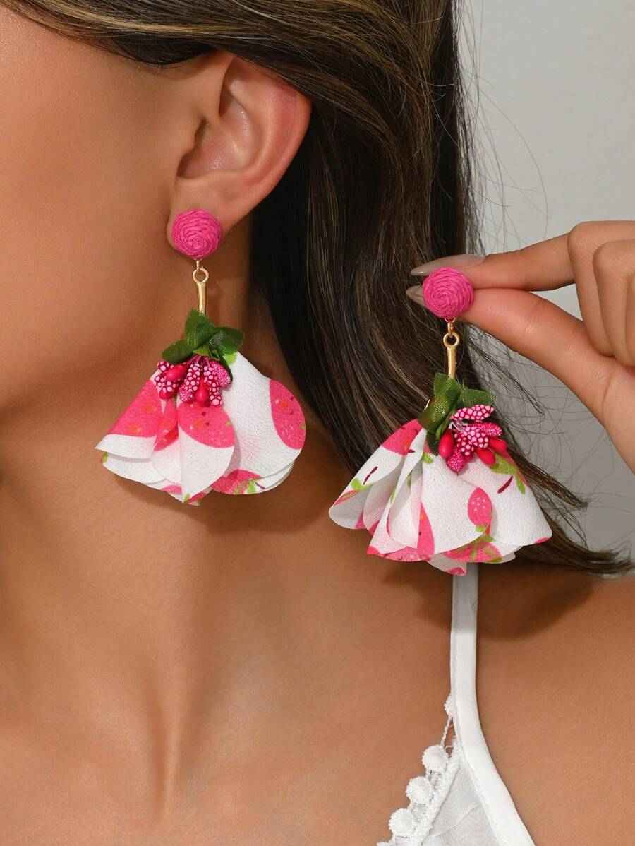 1 par de brincos de tecido floral boêmio feitos à mão, acessórios de orelha florais elegantes, estilo de moda, adequados para casamentos, festivais, dia das mães, diário, férias, festa para mulheres