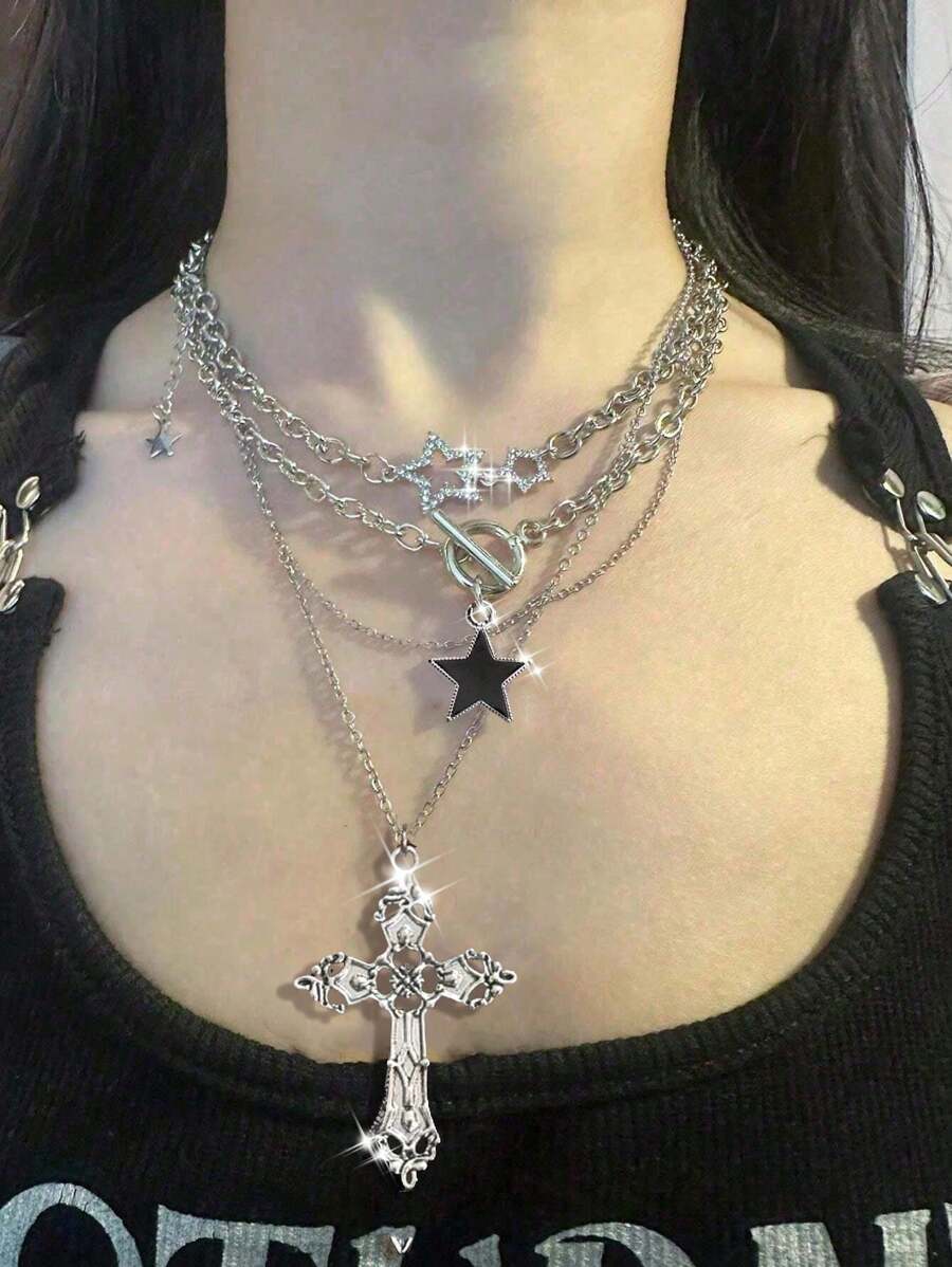 3pcs/Set Fashionable Ins Style Black Star Rhinestone, Comet, Cross Y2K Necklace Set For Women, Edgy Goth Cross Necklaces With Delicate Rhinestone Decor, Choker Design