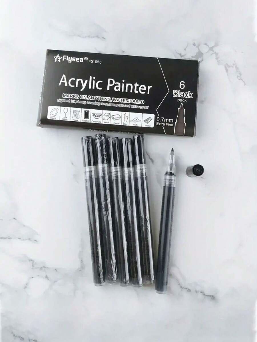 6 pièces Stylos peinture acrylique noirs, pointe fine 0,7 mm, marqueurs imperméables pour pierres, céramique, verre, canevas, tasses, métal, bois et artisanat DIY, marqueurs d'art | Stylos peinture lisses | Marqueurs imperméables, marqueurs pour peinture, fournitures de bureau, fournitures scolaires