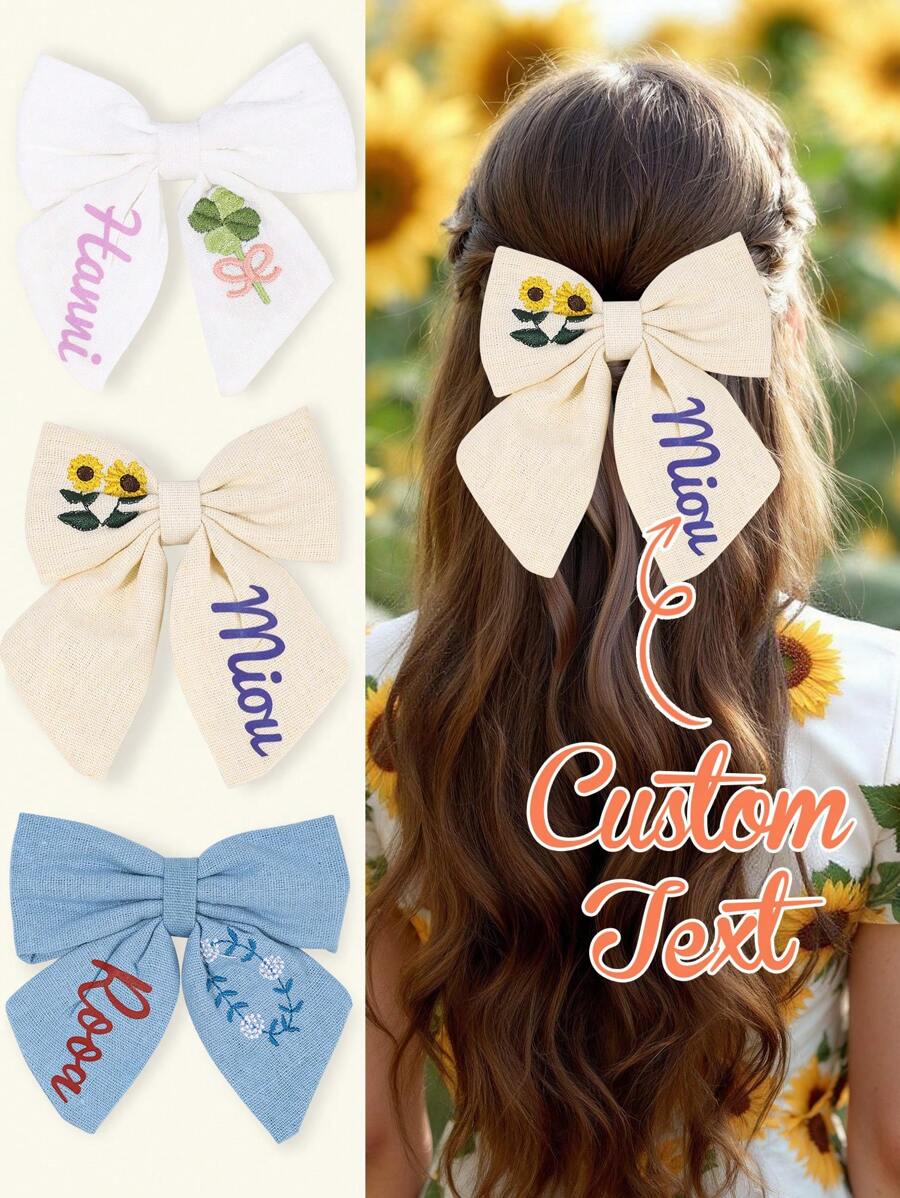 1 pièce Pince à cheveux avec nœud personnalisée à broder avec nom pour filles. Boucles d'oreilles à cheveux avec nœud papillon brodé personnalisé. Convient pour la décoration cheveux quotidienne, cadeau pour enfants et filles.