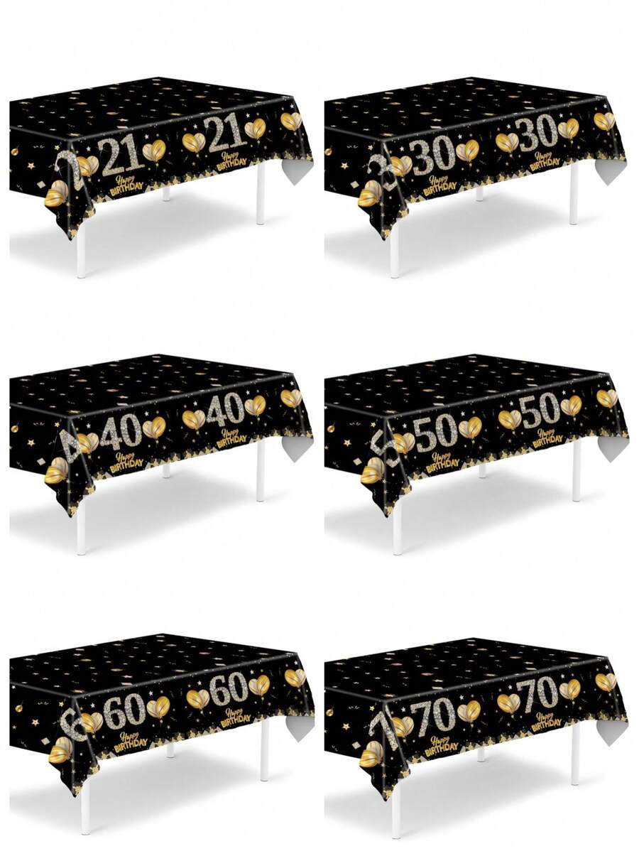 1pc Black Gold 21st & 30th & 40th & 50th & 60th & 70th Birthday Disposable Table Runner, Balloon Star Pattern Happy Birthday PE Table Cover, 21st & 30th & 40th & 50th & 60th & 70th Happy Birthday Party Decoration Table Cloth