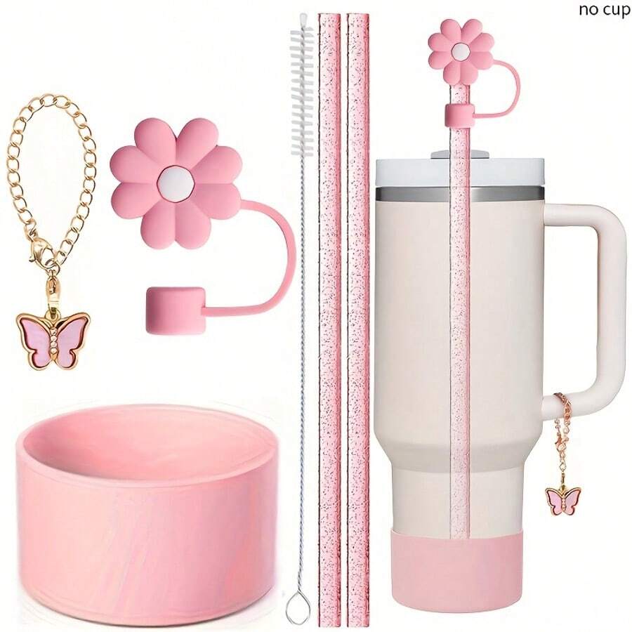 Set de 6 accesorios para taza de 40oz/30oz, incluye pajita con purpurina y cepillo, tapa con diseño de flor, bota de silicona, cadena con dije de mariposa, perfecto para deportes al aire libre, ideal como regalo para el Día de San Valentín, Día de la Madre y útiles escolares