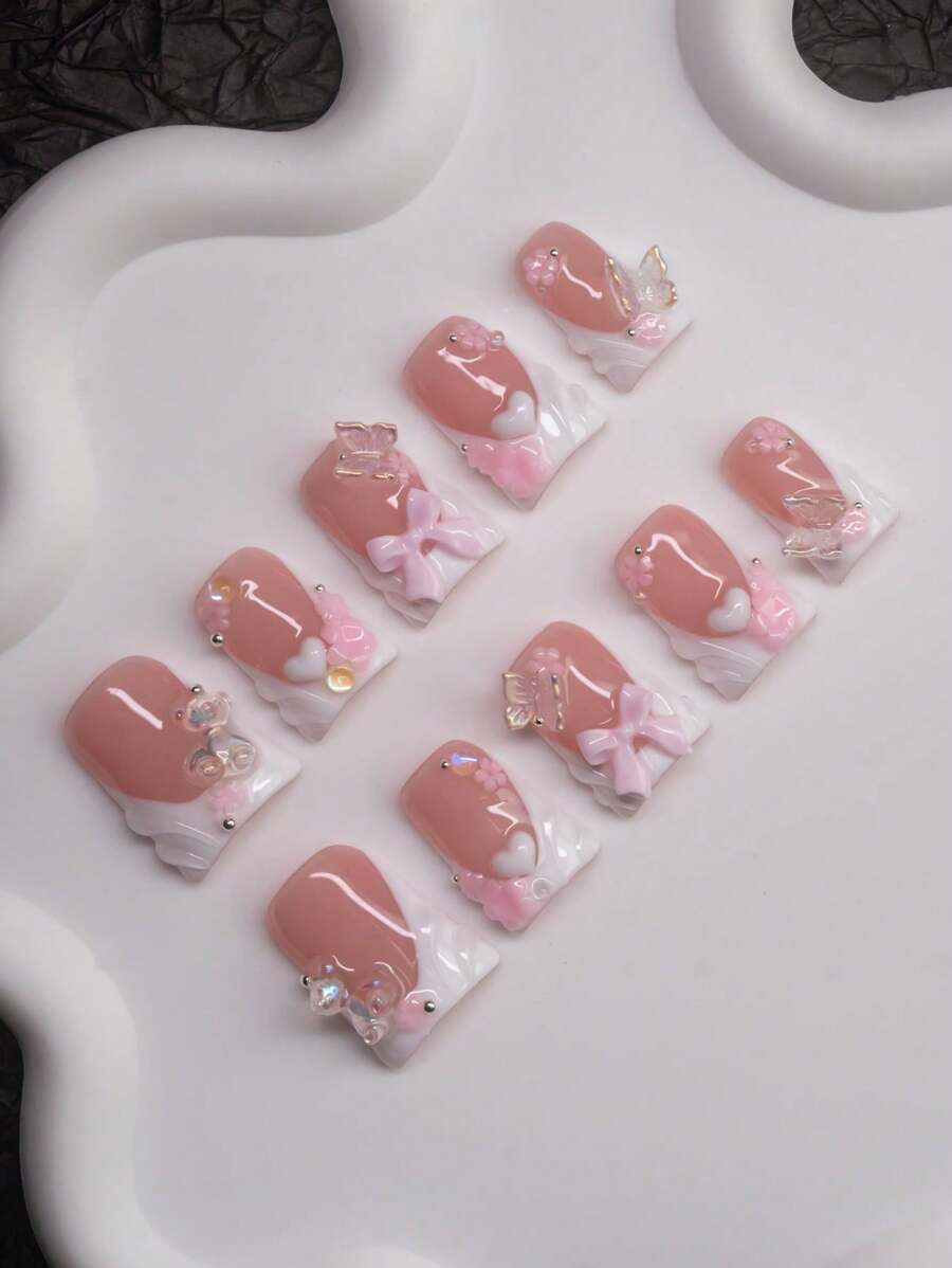 10pcs Set Handmade Y2K Baddie Style Duck Claw Fake Nails, Nude & White Color With French Tips, Heart, Flower, Butterfly, Teddy Bear, Bow Decor, Glitter Acrylic Press-On Nails For Women And Girls, Suitable For Party, Wedding, Daily Wear, Includes Tools As Gift