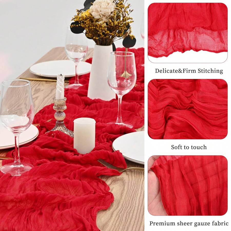 1pc Large Red Braided Table Runner, Cheese Cloth Bohemian Gauze Table Cloth, Romantic Sheer Fabric Table Mat, Suitable For Wedding Party, Bridal Shower Gift