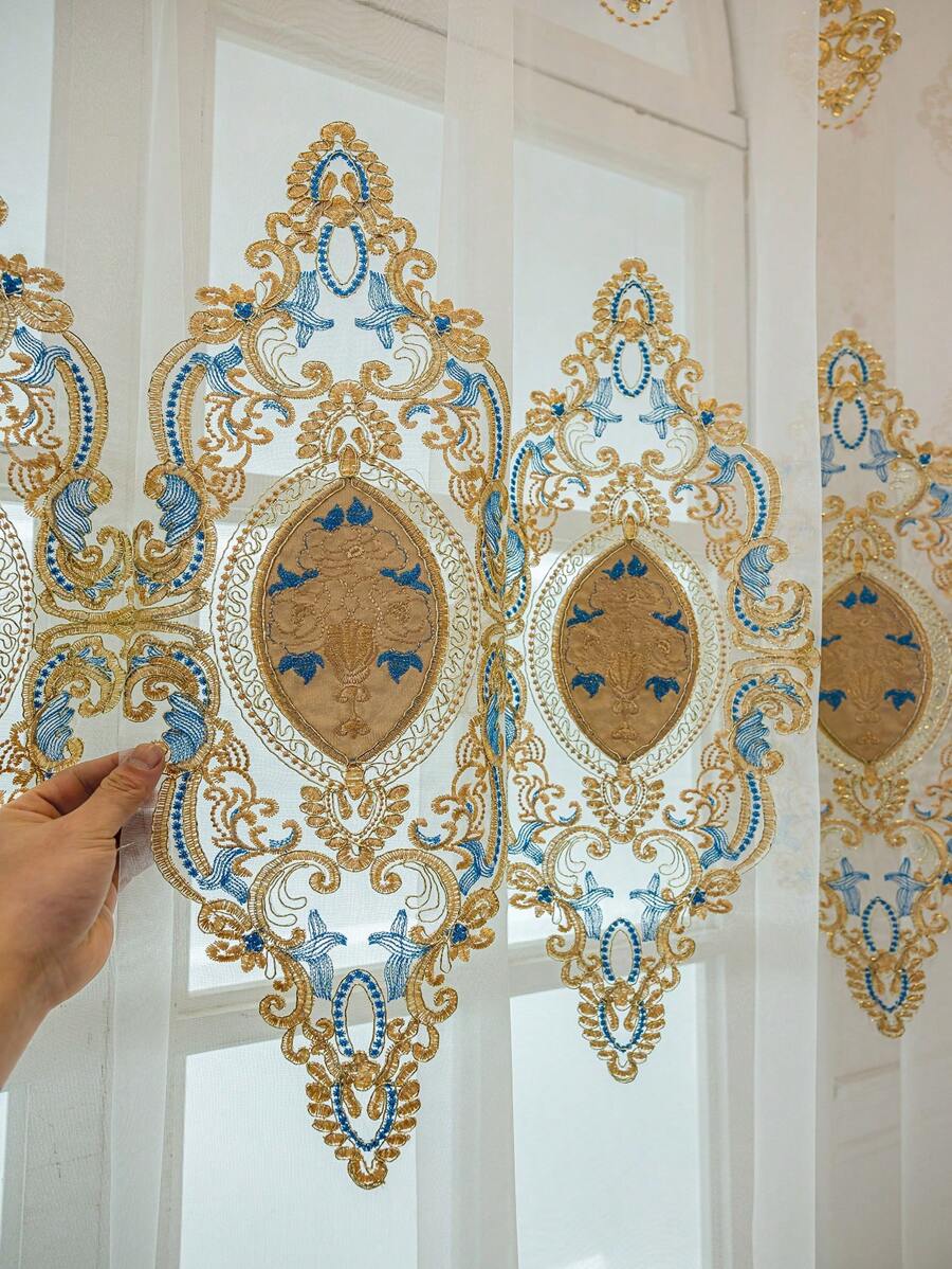 1pc Embroidered Floral European Style Sheer Curtain For Bedroom, Living Room, Balcony