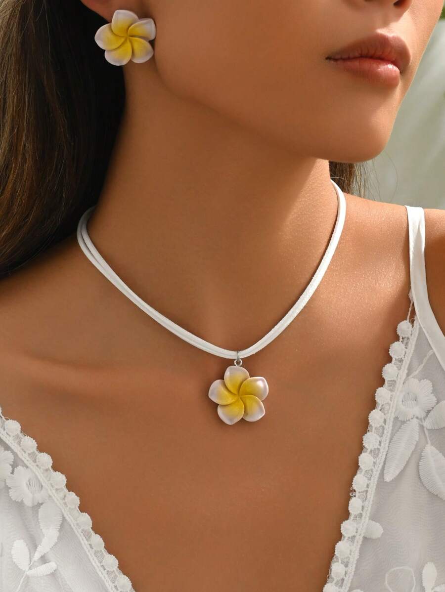 Conjunto de 3 peças/conjunto de colar e brincos com pingente de flor ombré de resina acrílica clássica da moda, colar de clavícula floral doce e fresco, adequado para uso diário feminino, resort, festa