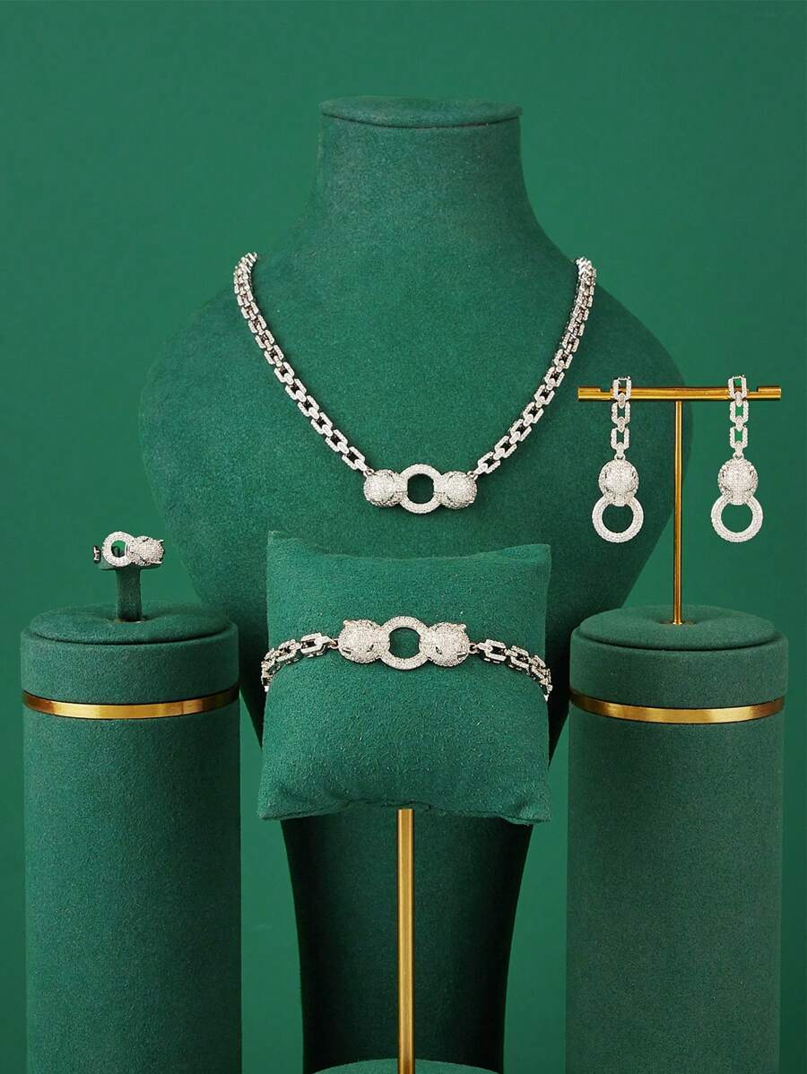 Ensemble de bijoux de luxe 5 pièces, convenant pour les soirées de danse, les galas, les sorties quotidiennes, les tenues de cérémonie, les robes de mariée - comprend un collier, des boucles d'oreilles, une bague, un bracelet et des pierres en zirconium, doré brillant