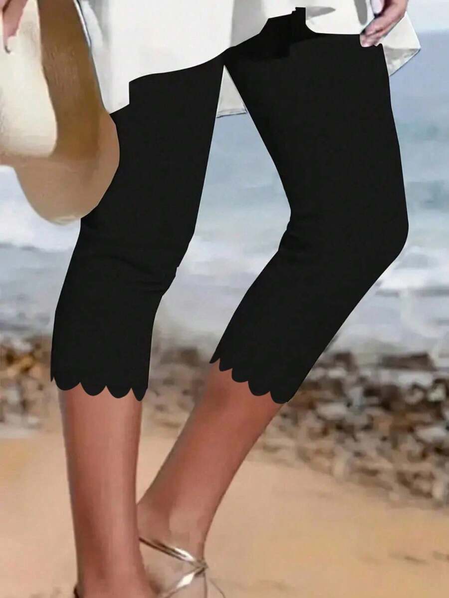 Plus Size Women Casual Elastic Capri Leggings, Solid Color Polyester Knit, Asymmetric Hemline Elastic Waist, Suitable For Spring/Summer, All Season Base Layer Tights