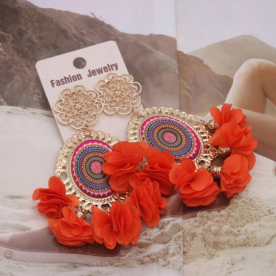 1 Pair Bohemian Romantic Floral Statement Earrings Women's Elegant Vintage Pattern Large Hoops For Holiday Fashion Jewelry
