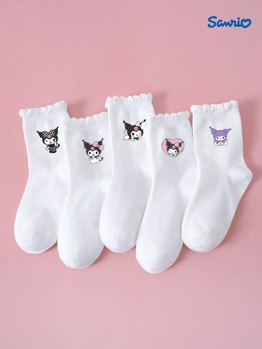 1/5 Pares de Meias Cano Médio Infantis da Sanrio, Meias Femininas de Cor Sólida e Padrão Fofo de Kuromi/Coração, Meias Respiráveis, Macias e Absorventes de Umidade com Personagens Cartoon, Adequadas para Estudantes Voltando à Escola, Férias, Festas, Esportes ao Ar Livre, Escola, Presentes e Uso Diário