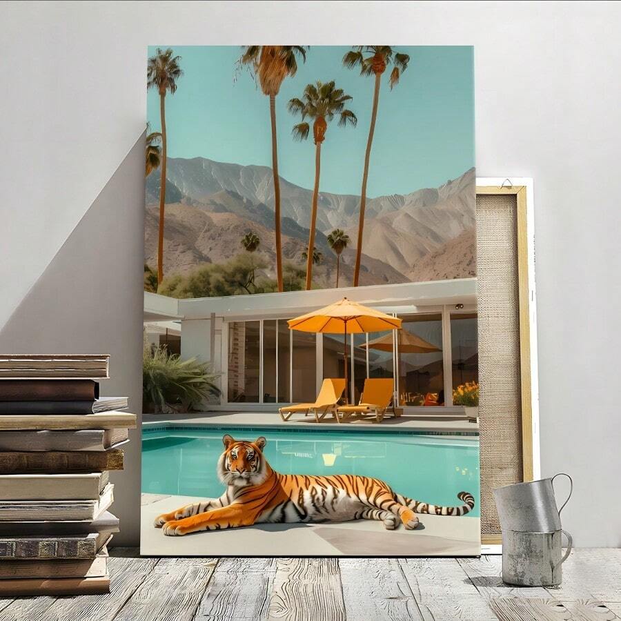 1pc Framed Canvas Poster Tiger Swimming-Pool Tropical-Resort Wall Art Canvas Paintings Ideal Gift For Bedroom Living Room Corridor Wall Art Wall Decor Room Decoration Ready To Hang