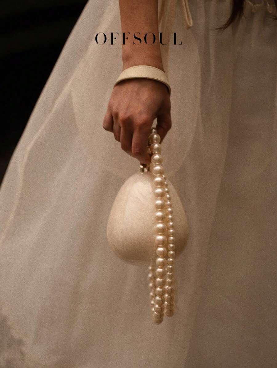 White Wedding Bridal Handbag With High-End Pearl & Acrylic Marble Elements, Elegant Tote Bag For Wedding, Party, Beach, Formal Occasions, Shoulder & Crossbody Strap, Elegant Pearl Clutch, Prom Bag For Party