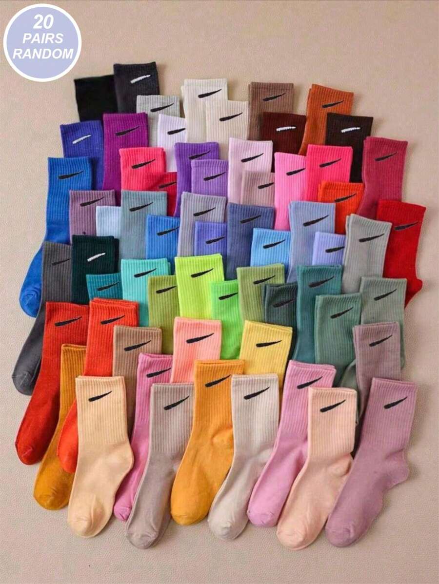 20 Pairs Of Random One Skim Candy Macaron Colored Socks For Boys And Girls, Suitable For Daily Campus Sports, Fashionable And Versatile, Skin Friendly, Comfortable, Breathable And Odor Proof, Suitable For Men And Women, And Suitable For Couples,Crew Socks