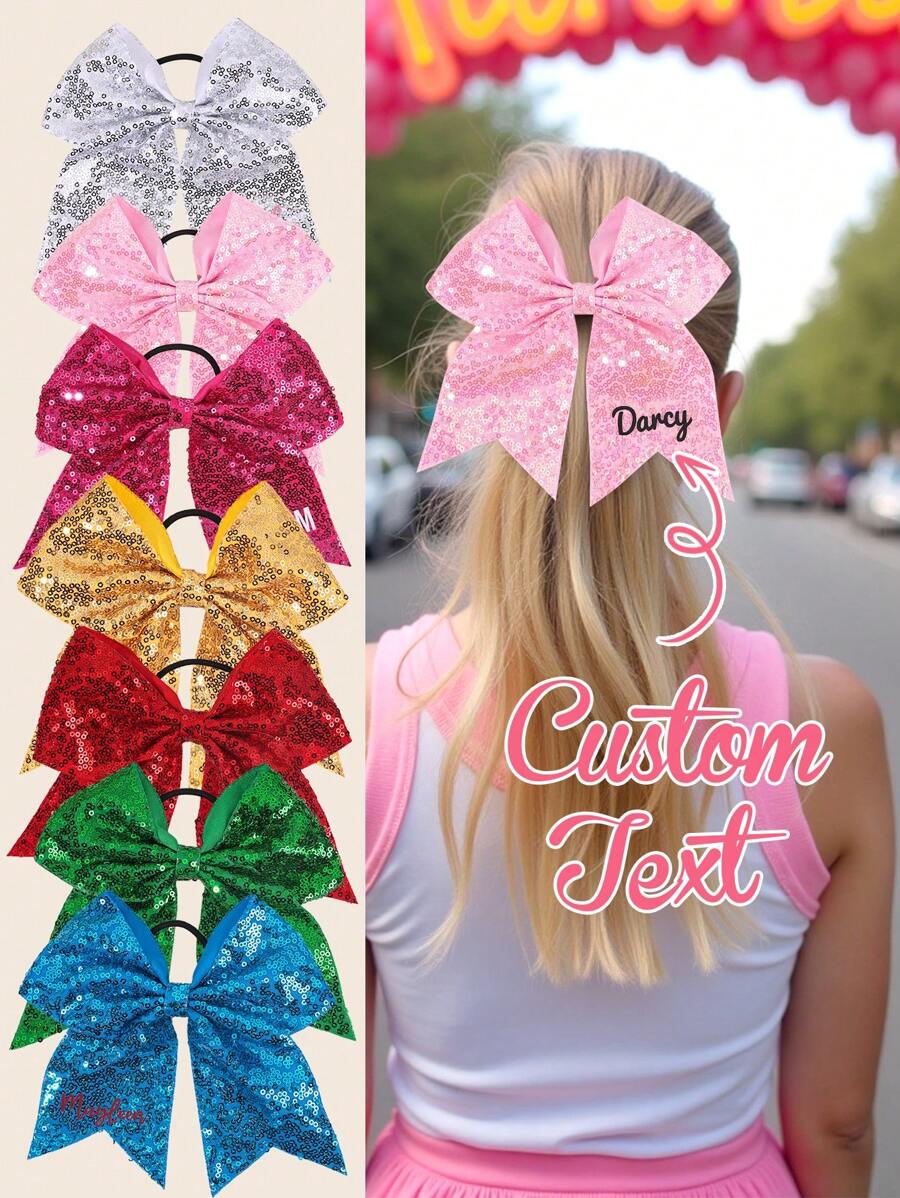 1 pièce nœud pour cheveux personnalisé pour filles, bandeau avec nom personnalisé, lien pour cheveux à paillettes multicolores, accessoire de cheveux élastique pour pompons de cheerleading, accessoire de cheveux exquis à personnaliser pour pompons de cheerleading pour filles