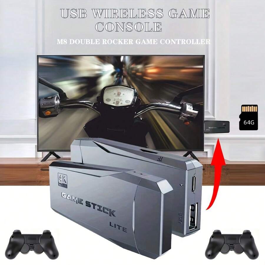4K HD Videospielkonsole M8 mit 64GB Speicher, doppeltem kabellosen Controller für 10.000 Retro-Spiele, Weihnachtsgeschenk für Kinder