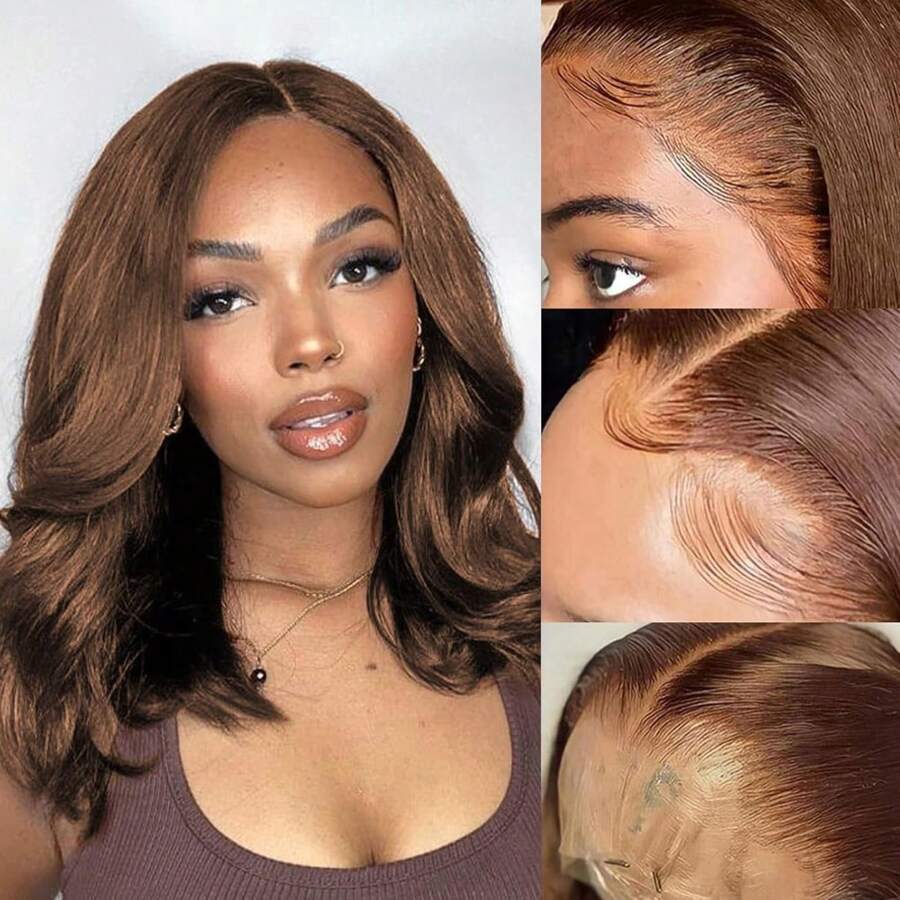 Brown Wig Human Hair 13x4 Frontal Lace Wig 180%-200density 14 Inch Body Wave HD Lace Front Wigs Human Hair Pre Plucked With Baby Hair Short Wigs For Women (#4 Brown, 12-16Inch)