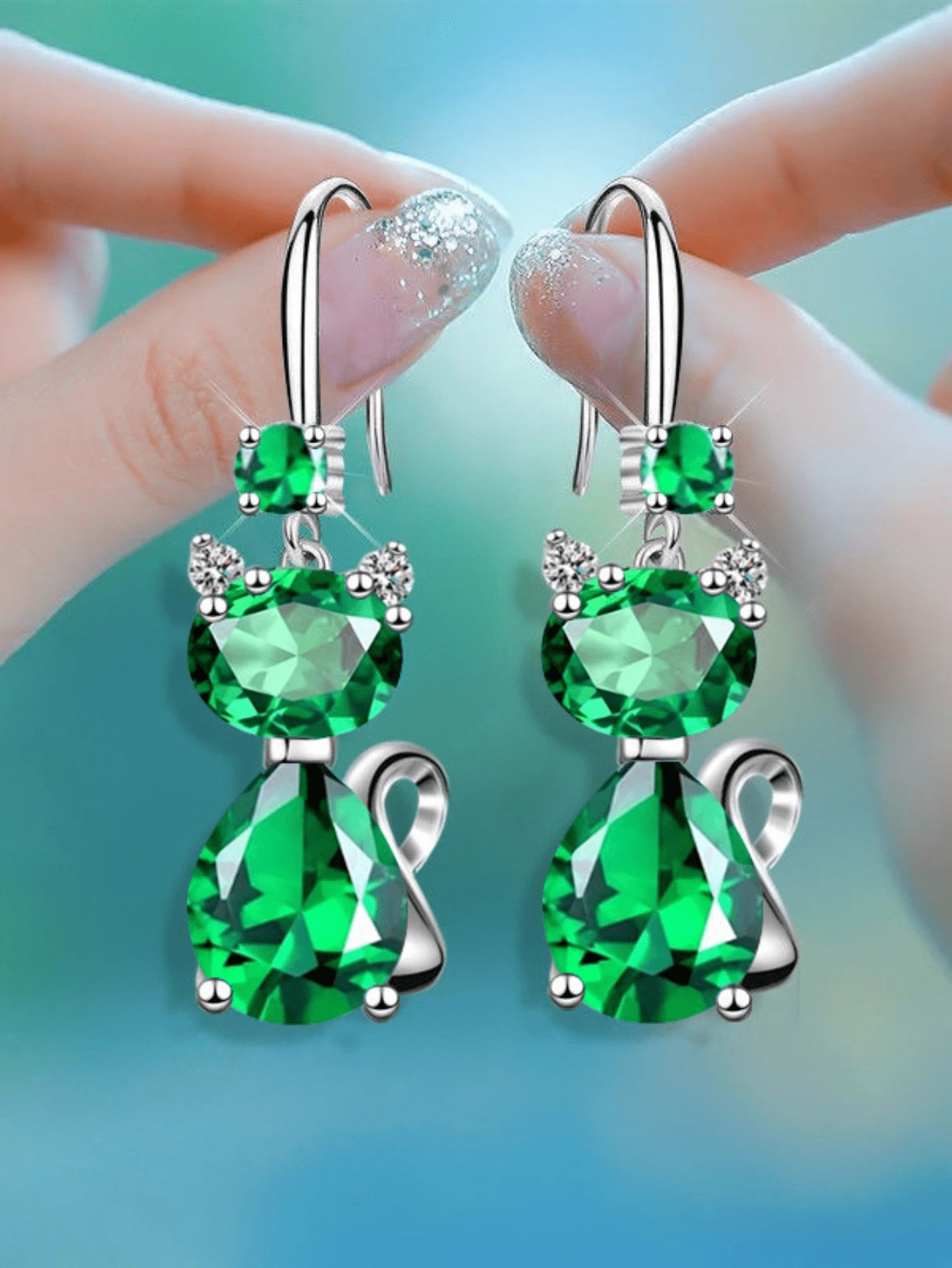 YSH.ZIXIN 1 Pair Crystal Cat Pendant Earrings With Ocean Heart Design, Shining Rhinestone Eardrops For Women