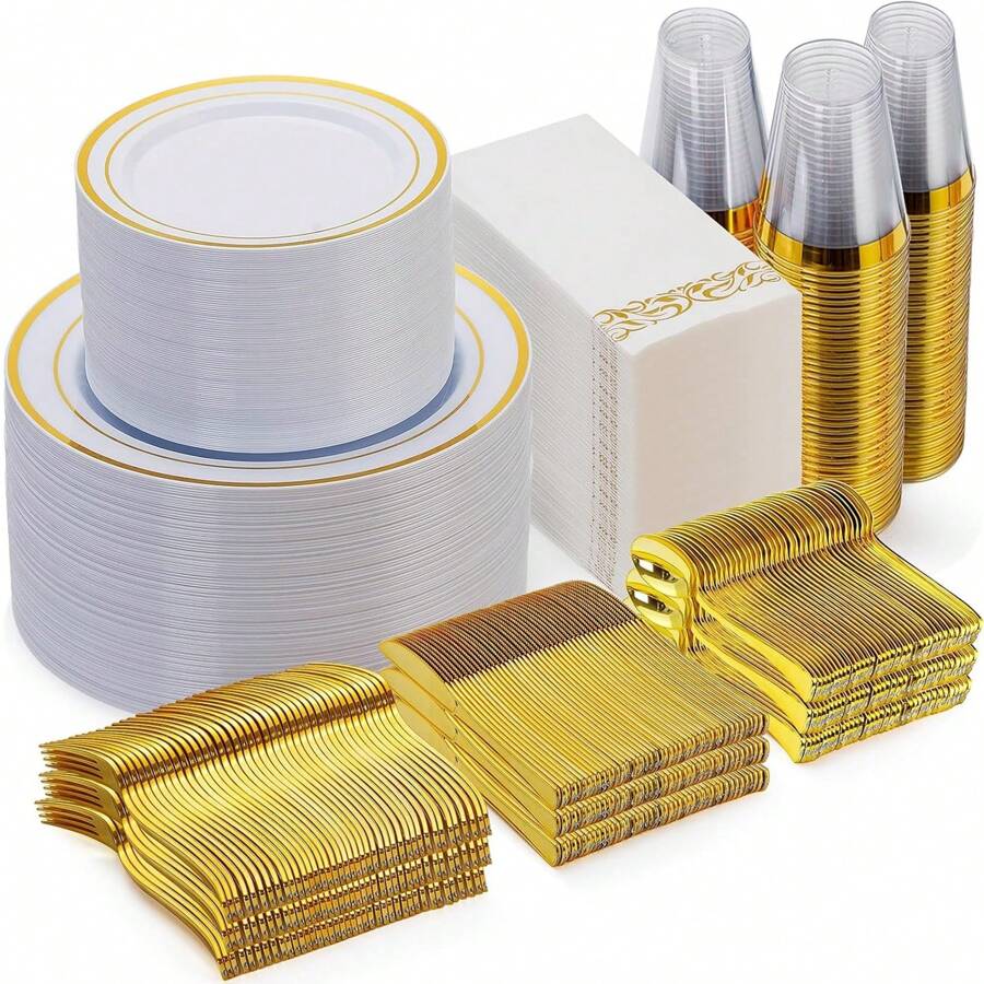 800pcs Gold Plastic Plates White Disposable Wedding Plates With Gold Rim Include 100 Gold Dinner Plates, 100 Gold Salad Plates, 400 Silverware, 100 Napkins, 100 Cups Perfect For Party & Wedding(Black Gold, White Gold, Glitter )