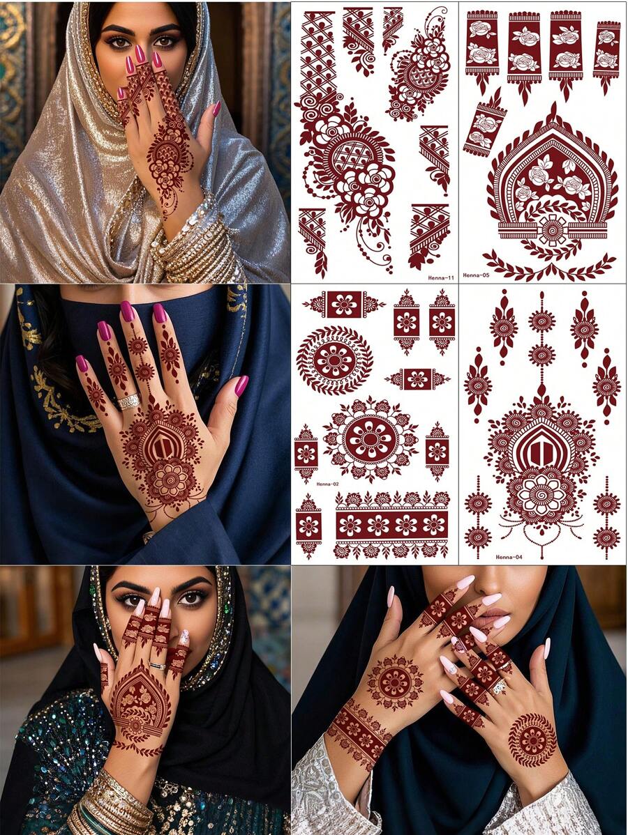 4PCS Brown Nail Art Tattoo Stickers, Waterproof Temporary Tattoo Stickers, Brown Henna Temporary Tattoos For Ladies, DIY Finger Nail Temporary Tattoos.