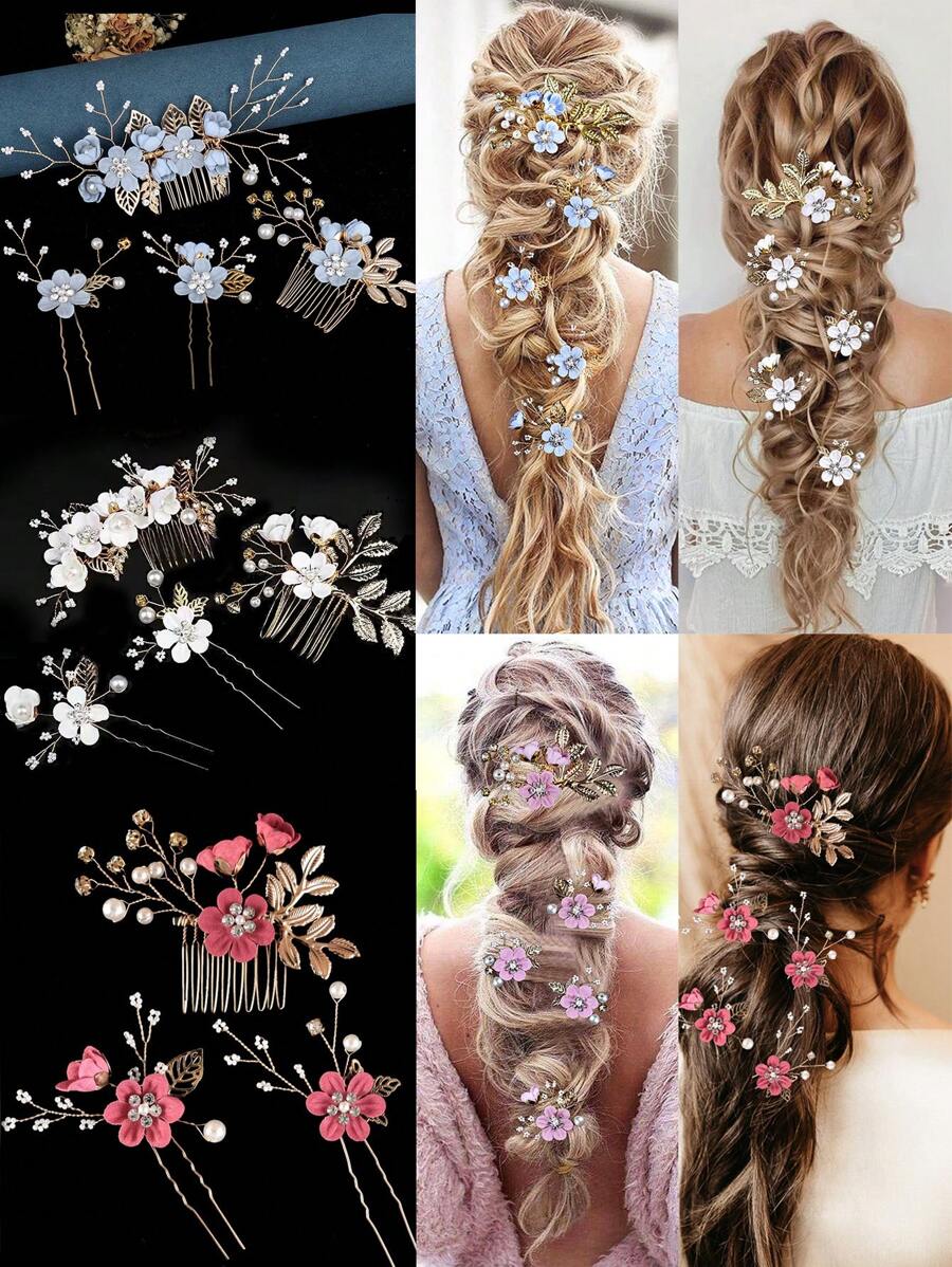 2/3/4 piezas Pasador de pelo con flores y perlas de imitación para mujer, y 1 peineta para bodas, fiestas, tocados estilo bohemio