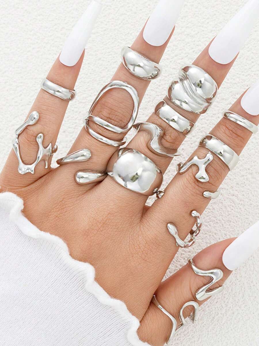 17KM 15/10/8Pcs Punk Smooth Geometric Open Rings Set For Women Old Money Exaggerated Irregular Silvery Golden Color Thick Chunky Ring Hip Hop Jewelry Gifts