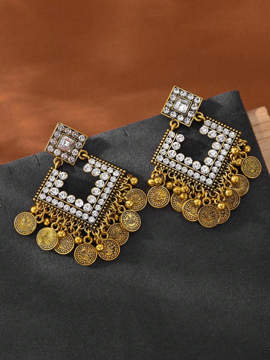 1pair Luxurious Vintage Heart-Shaped Rhinestone Earrings,South Asian Style Alloy Birdcage Pendant Jhumka Suitable For Women's Daily Wear, Party Jewelry